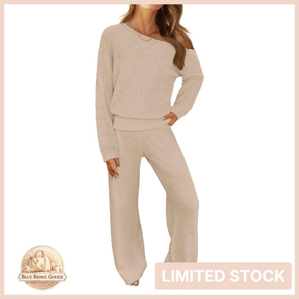 Fuzzy Fleece Off Shoulder Pajama Set Chic Loungewear Wide Leg Pants